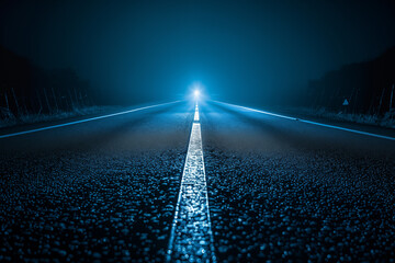 Lonely illuminated road at night with oncoming headlights - obrazy, fototapety, plakaty