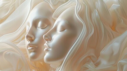 Two elegant female face sculptures with closed eyes liegen eingebettet in weiÃŸe, flieÃŸende Stoffe.