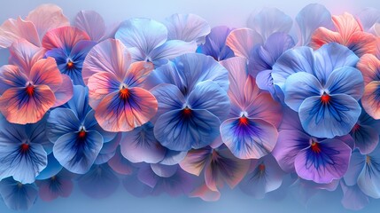 Close-up of a variety of colorful pansy flowers in full bloom against a pastel blue background.