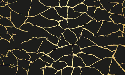 Japanese traditional kintsugi art golden repair cracks background texture isolated on black background. Marble foil pattern with golden cracks foil. Wedding card cover. Vector illustration 