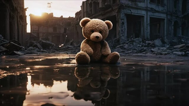 A toy teddy bear lies in puddles in a ruined city. the destroyed city after the airstrike. children are victims of the military conflict. innocent victims of military conflicts