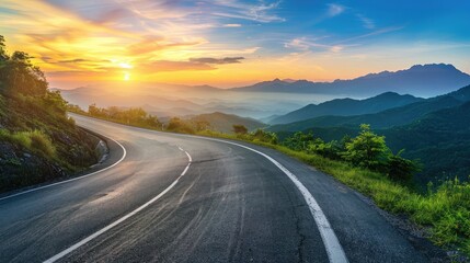 Asphalt highway road and mountain natural scenery at sunrise. panoramic view. - obrazy, fototapety, plakaty