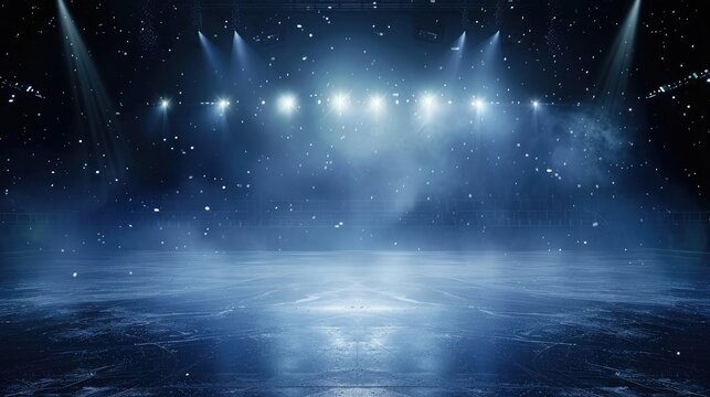 Background. Beautiful empty winter background and empty ice rink with lights. Spotlight shines on the rink. Bright lighting with spotlights. Panorama in black. Sport
