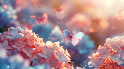 Delicate blue butterfly on a soft pink flower background with a dreamy quality - obrazy, fototapety, plakaty