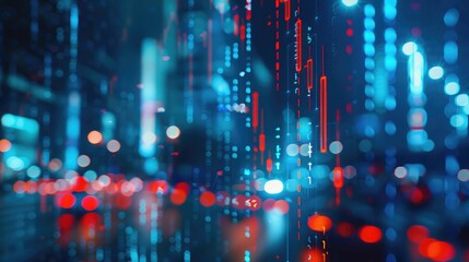 Blue falling downword forex chart on blurry bokeh night city texture. Crisis, stock and loss concept. Double exposure