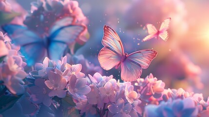 Delicate pink and blue butterflies flutter among soft pink flowers bathed in warm sunlight.