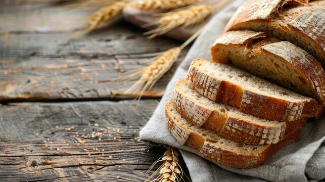 Bread, traditional sourdough bread cut into slices on a rustic wooden background. Concept of traditional leavened bread baking methods. Healthy food.