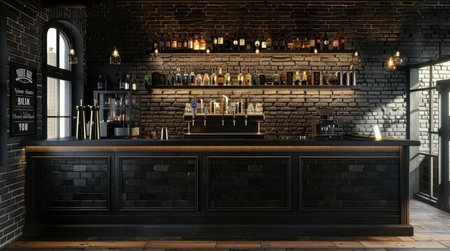 Creative black brick pub or bar interior with copy space on wall