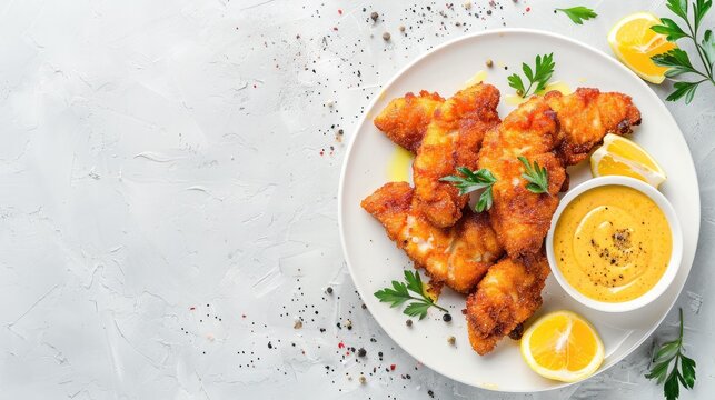 crispy fish steak, fish fingers served with tar tar sauce on a light background. banner, menu, recipe place for text, top view.