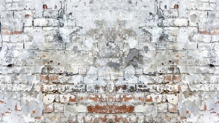 Empty Old Brick Wall Texture. Painted Distressed Wall Surface. Grungy Wide Brickwall. Grunge white Stonewall Background. Shabby Building Facade With Damaged Plaster. Abstract Web Banner. Copy Space.