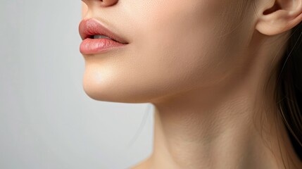 face line correction. a woman with a second chin - obrazy, fototapety, plakaty