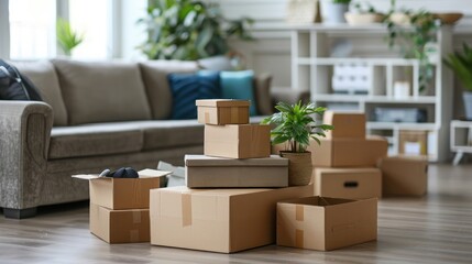 Moving day concept, cardboard carton boxes stack with household belongings in modern house living room, packed containers on floor in new home, relocation, renovation, removals and delivery service