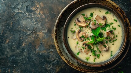 Mushroom cream soup. Soup in a bowl. Top view. Free space for your text.
