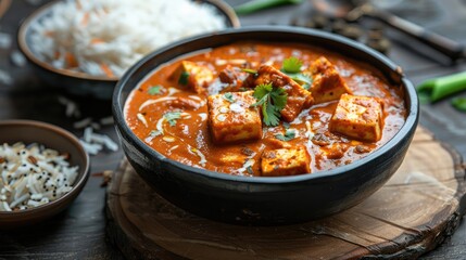 Paneer Butter Masala or Cheese Cottage Curry in serving a bowl or pan, served with or without roti and rice - obrazy, fototapety, plakaty