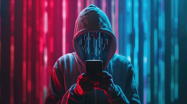 Phishing, cyber security, online information breach or identity theft crime concept. Hacked phone. Hacker and cellphone with hologram data. Mobile scam, fraud or crime. Cybersecurity infringement.