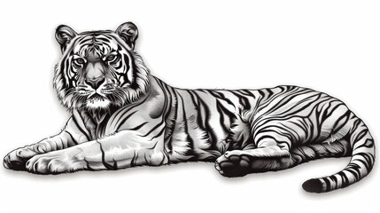 A black and white digital drawing of a tiger laying down looking at the viewer.