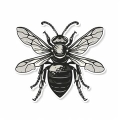 A black and white illustration of a bee with its wings spread.
