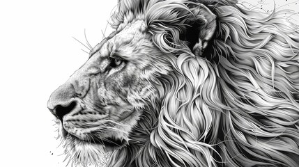 A black and white sketch of a lion's face in profile. The lion's mane is blowing in the wind.
