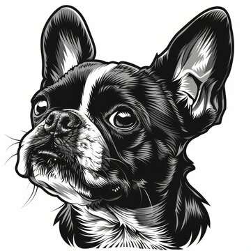 A detailed black and white sketch of a French Bulldog.