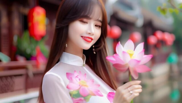 Smiling against the backdrop of a Vietnamese cityscape, a young woman wears an Ao Dai with beautiful pink floral patterns on a white background. 