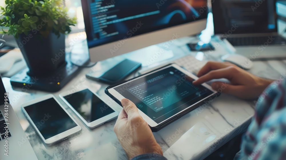 Poster startup programming team. website designer working digital tablet dock keyboard and computer laptop 