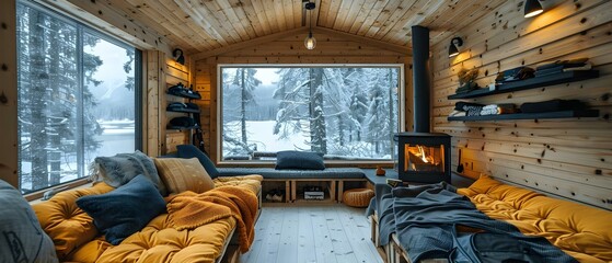 Obraz premium Warm & Minimalist Ski Lodge Haven with Fire Glow. Concept Cozy Interiors, Ski Lodge Decor, Fireplace Ambiance, Warm Tones, Minimalist Design