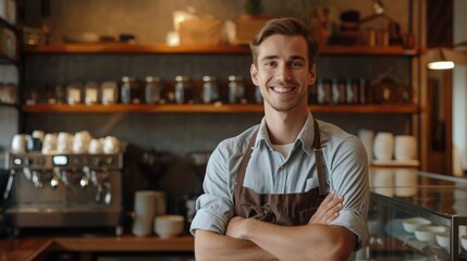 Startup successful sme small business owner caucasian man stand in his coffee shop or restaurant. Portrait of young smile caucasian man successful barista cafe owner concept - obrazy, fototapety, plakaty