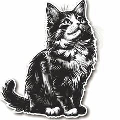 Obraz premium A black and white line drawing of a cat in a sitting position looking up.