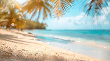 Summer exotic sandy beach with blur palms and sea on background