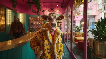 A cow wearing a fur coat and sunglasses is standing in a restaurant.