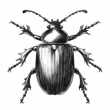 A detailed drawing of a beetle, black and white.
