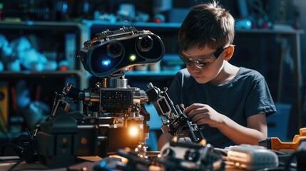 Young boy mechanic repairing the robot in the workshop at night