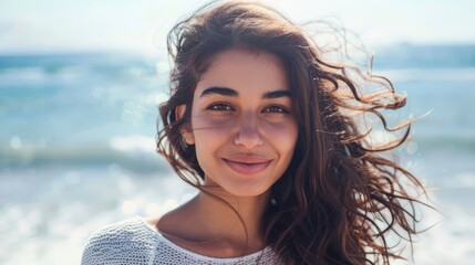 young woman at sea looking at camera. Smiling latin hispanic girl standing at the beach with copy space and looking at camera. Happy mixed race girl in casual outfit with wind in her hair