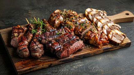 A selection of grilled gourmet meats on a rustic timber board.