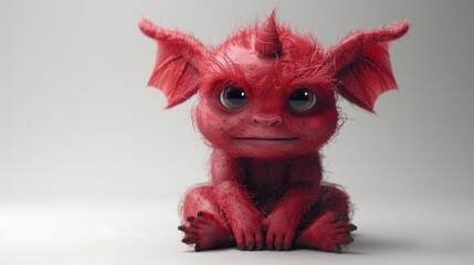 A cute red baby dragon with big eyes and a big smile sitting on a white background