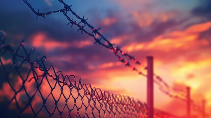 Abstract Barrier wire fence refugee Twilight sky. Deliverance Broke spike change bird boundary human rights slave prison jail break hope freedom justice social liberty day world war emancipation win - obrazy, fototapety, plakaty