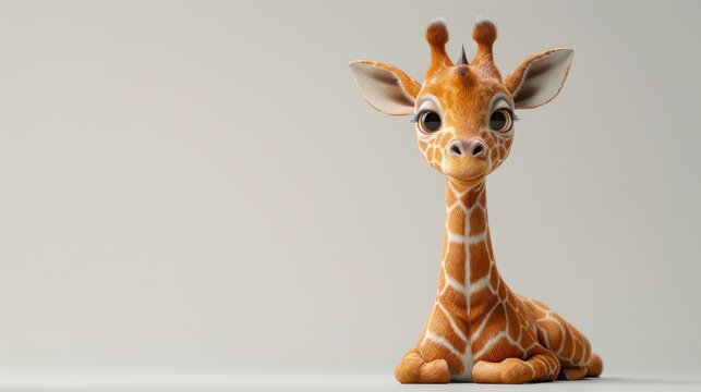 A cute cartoon giraffe with big eyes is sitting on a white background.