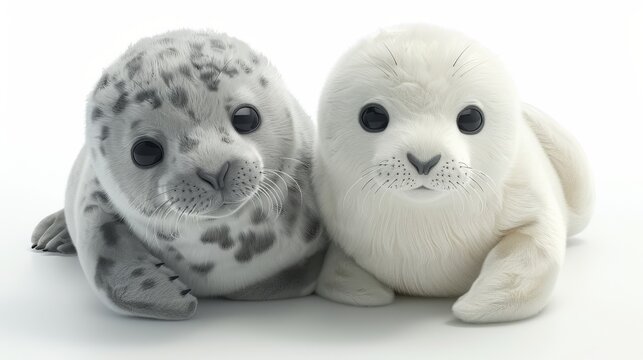 A grey and white seal pup next to a white seal pup