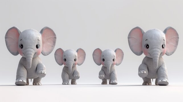 A family of cartoon elephants marching