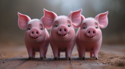 Three little cartoon pigs standing in a row and smiling
