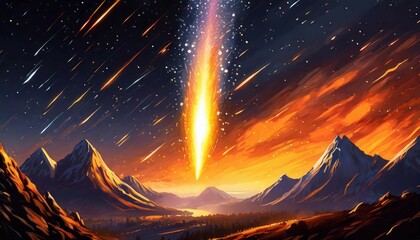 A brilliant flaming meteor with glowing molten tail streaking across the night sky