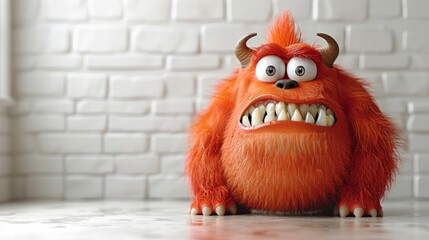 A cute, furry red monster with big teeth and a surprised expression on its face is sitting on a white table against a white brick wall background. - obrazy, fototapety, plakaty