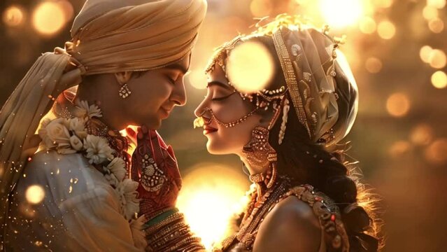 Indian bride and groom in ceremonial dress, with warm bokeh lighting in the background. Lord Krishna and Goddess Shri Ram holding hands  in a romantic way