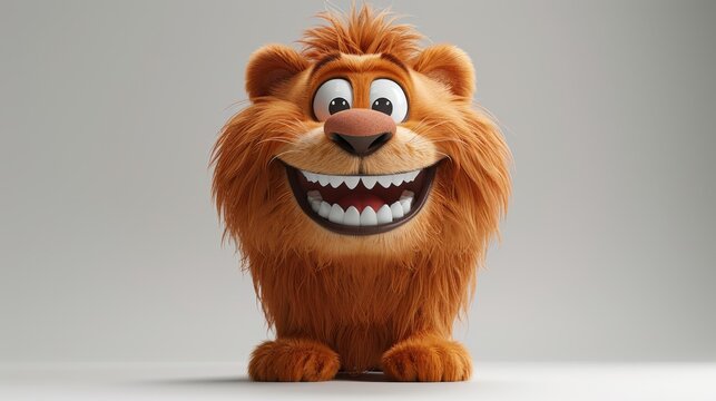 A 3D render of a cute and happy cartoon lion mascot character.