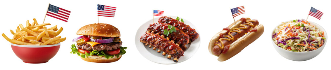 Traditional Independence day food plate with fries, beef burger, pork ribs, hot dog and coleslaw salad over white transparent background. 4th of July, American day concept