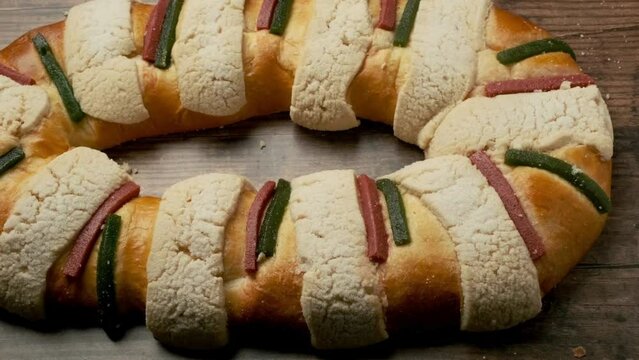 Festive Tradition: Rosca de Reyes (Latin American Epiphany Cake) from Above in 4K video