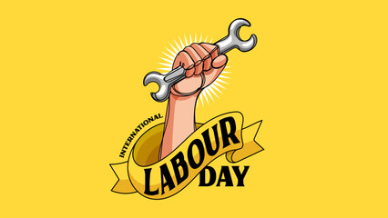International Labour Day Banner With Fist and Wrench Hand Drawn Illustration