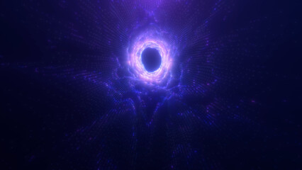 Abstract digital flow of Sci Fi glowing purple enegy tunnel on dark background. Magical, futuristic, particles, lines, neon, cyberspace, technology, wormhole, VJ.