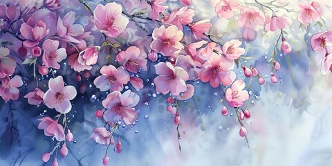 Watercolor banner, spring blossom cascade, soft pastels, morning dew, wide format. 