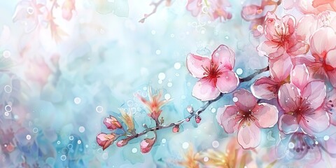 Watercolor banner, spring blossom cascade, soft pastels, morning dew, wide format.